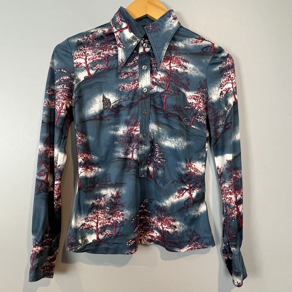 TGL Stockholm Disco Shirt Pointed Collar Polyester Womens Size Small Vintage 70s